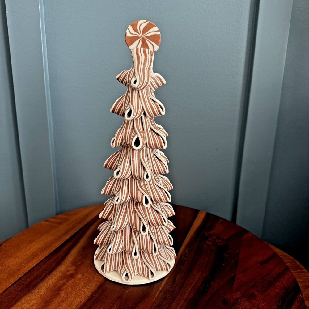 Peppermint Ribbon Christmas Tree Brown White Glitter Holiday Table Decor 14" F/W